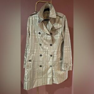 Burberry Shiny Beige Plaid Trench Coat